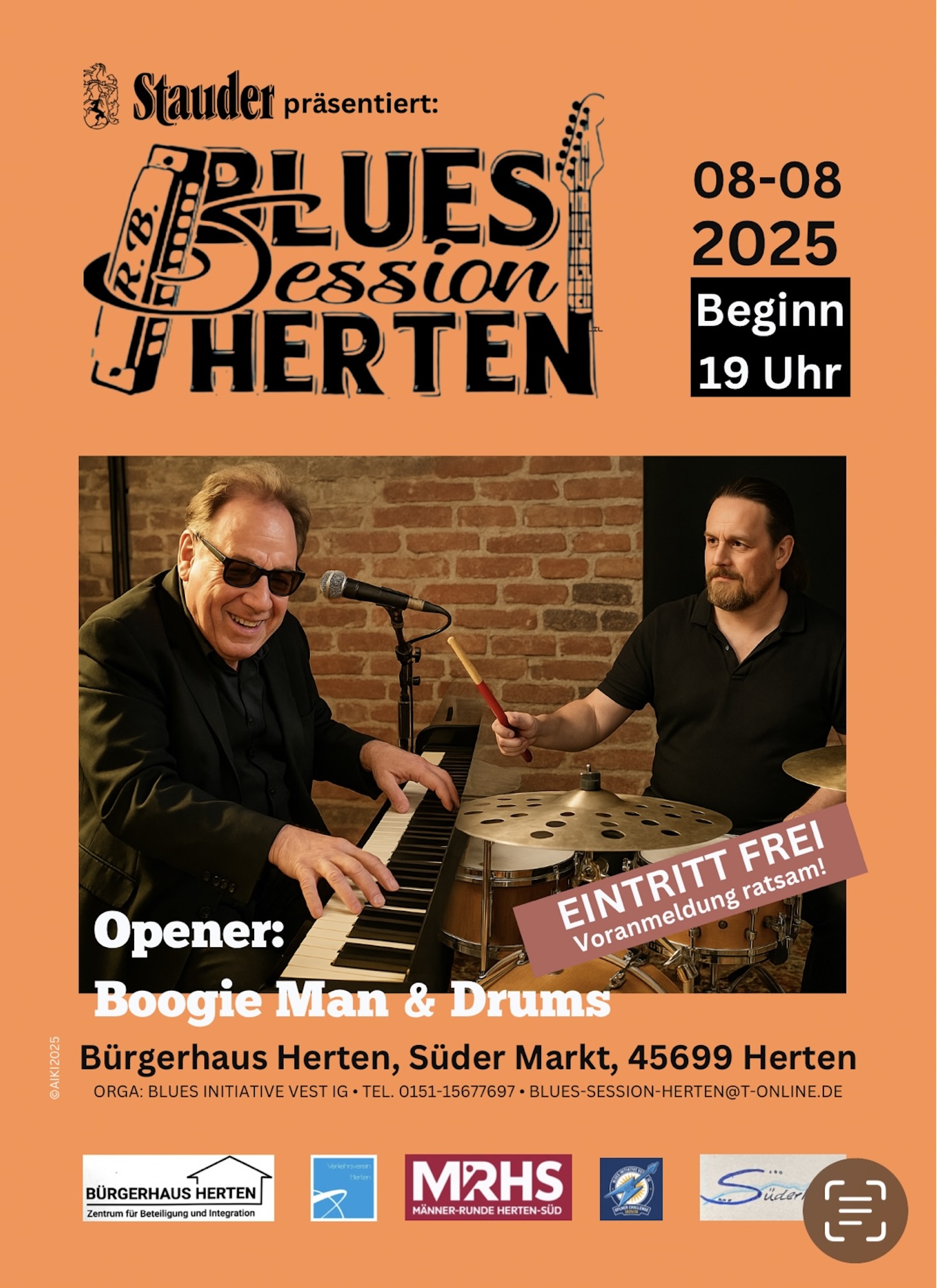 Plakat Blues Session Herten August 2025 mit Boogie Man & Drums