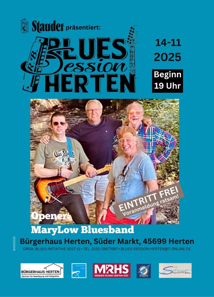 Konzertplakat der Blues Session Herten vom 10. Oktober 2025 im Bürgerhaus Herten. Opener: MaryLow Bluesband, Beginn 19 Uhr, Eintritt frei.