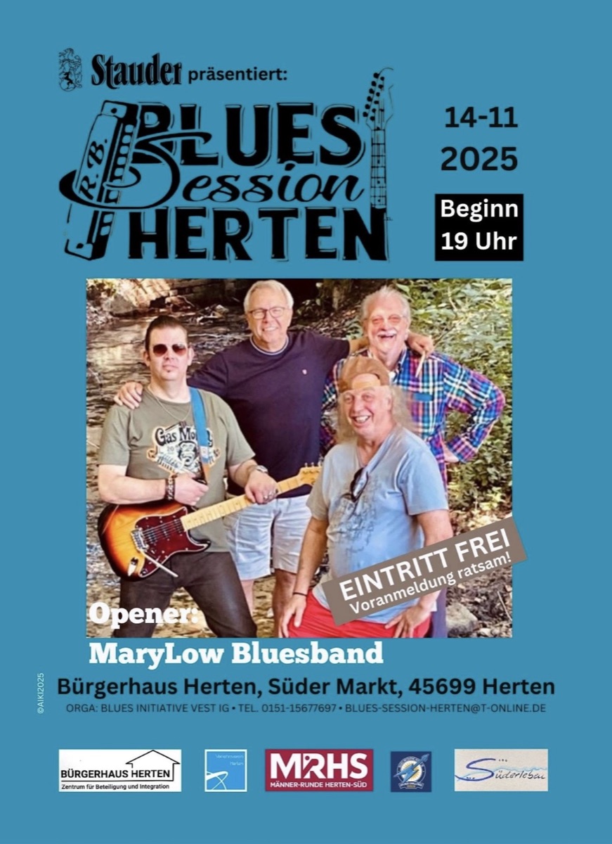 Konzertplakat der Blues Session Herten vom 10. Oktober 2025 im Bürgerhaus Herten. Opener: MaryLow Bluesband, Beginn 19 Uhr, Eintritt frei.